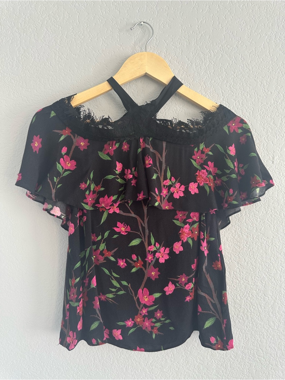 Alice + Olivia Black Floral Off-Shoulder Camisole with Pink Flowers
